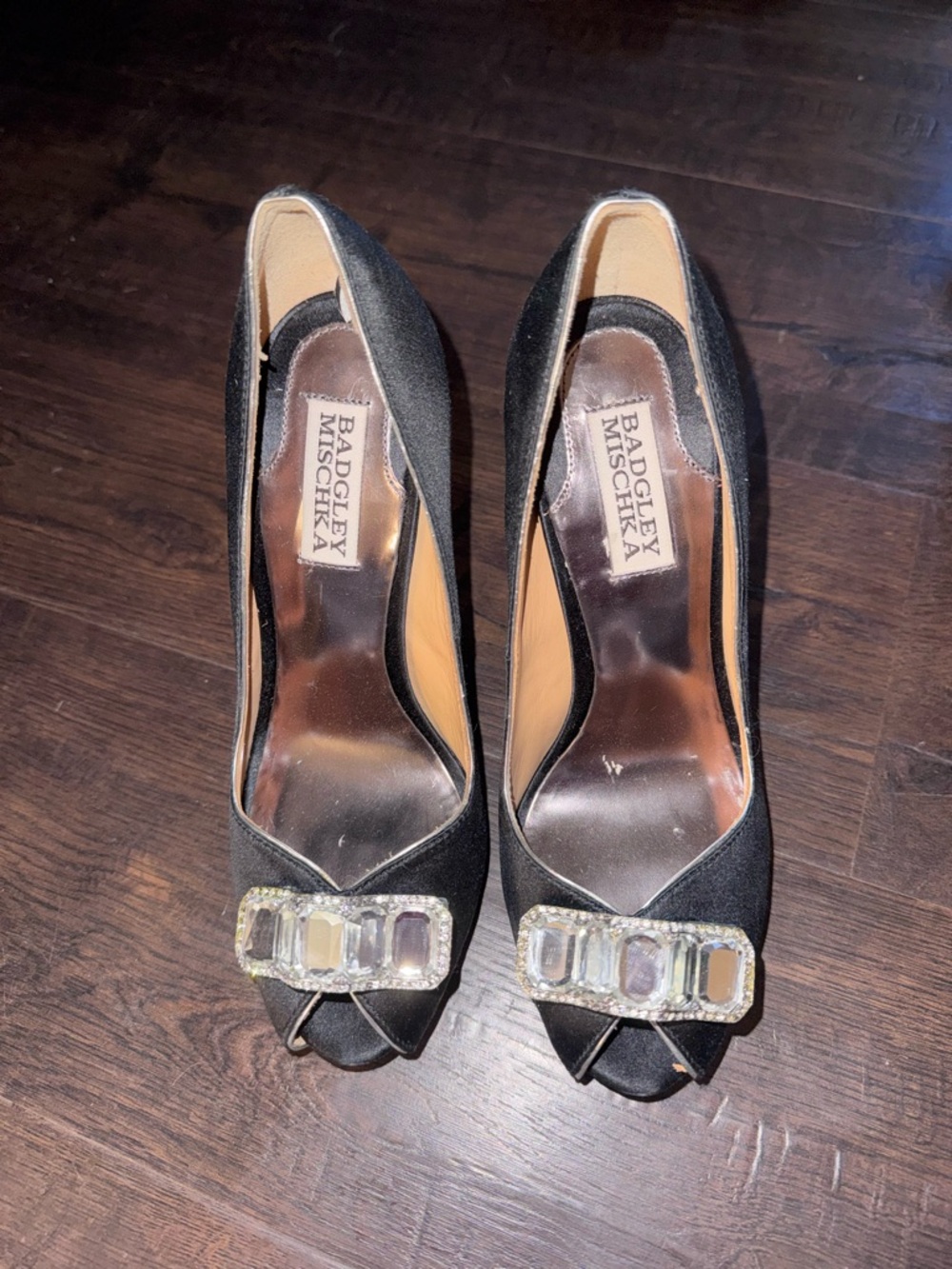 Badgley Mischka Black Satin Peep-Toe Pumps w Crystal Embellishment - READ NOTE!!